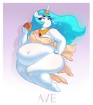  belly big_belly big_butt blue_hair blush breasts butt clothed clothing crown cuprumrus doughnut food friendship_is_magic hair hand_on_hip horn my_little_pony overweight princess_celestia_(mlp) purple_eyes royalty skimpy white_skin 