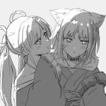  2girls animal_ear_fluff animal_ears blush cho_kaguya-hime! choker closed_mouth fox_ears fox_girl greyscale hair_rings highres hug hug_from_behind ini_yoy japanese_clothes kimono monochrome multiple_girls open_mouth runami_yachiyo runami_yachiyo_(tsukuyomi) sakayori_iroha sakayori_iroha_(tsukuyomi) sweat twintails wavy_mouth yuri 