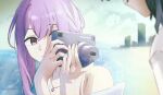  2girls absurdres atsuko_(blue_archive) atsuko_(swimsuit)_(blue_archive) beach blue_archive blurry blurry_background building camera city commentary day highres holding holding_camera looking_at_another misaki_(blue_archive) misaki_(swimsuit)_(blue_archive) multiple_girls ocean purple_eyes purple_hair rumindo shore skyscraper solo_focus 