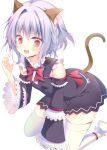  1boy :d @_@ all_fours alternate_costume animal_ear_fluff animal_ears asuka_minato back_bow bare_shoulders black_dress blue_hair blush bow bowtie braid cat_boy cat_ears cat_tail claw_pose commentary detached_sleeves dress embarrassed frilled_sleeves frills full_body furrowed_brow hand_up highres kemonomimi_mode long_sleeves looking_at_viewer male_focus medium_hair no_shoes open_mouth otome_domain red_bow red_bowtie red_eyes short_dress side_braid simple_background single_braid single_hair_intake smile solo sukonbu385 sweatdrop tail thighhighs trap watermark white_background white_thighhighs wide_sleeves zettai_ryouiki 