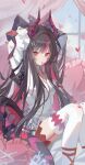  1girl absurdres ahoge arms_up artist_name blue_background blurry body_markings bow chinese_commentary choker closed_mouth collared_shirt commentary_request depth_of_field dragon_girl dragon_horns dragon_tail frilled_sleeves frills hair_between_eyes hair_bow hair_intakes hair_ornament hairclip heart heart-shaped_pillow high_ponytail highres horns huge_ahoge indoors long_hair long_sleeves looking_at_viewer looking_to_the_side mouth_hold multicolored_eyes multicolored_hair neverness_to_everness partially_unbuttoned pillow ponytail red_eyes red_ribbon red_shorts ribbon ribbon_in_mouth shade shinku_(nte) shirt short_shorts shorts sitting sky solo streaked_hair tail thighhighs two-tone_hair tying_hair upper_body watermark weibo_username weibo_watermark white_shirt white_thighhighs window wowotton 