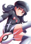  1girl absurdres belt black_dress black_hair black_hat breasts brown_eyes clenched_hand commentary_request commission dress earrings gloves grey_belt grey_gloves grey_thighhighs grin hat highres jewelry kris_(pokemon) large_variant_set long_hair looking_at_viewer maho_(corotonton5150) motion_blur panties pixiv_commission poke_ball poke_ball_(basic) pokemon pokemon_adventures shiny_skin simple_background small_breasts smile solo star_(symbol) star_earrings team_rocket team_rocket_uniform teeth thighhighs thighs underwear variant_set white_background white_panties 