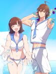  1boy 1girl :d ^_^ adapted_costume ahoge amagase_touma amami_haruka bikini blue_sailor_collar blush breasts brown_hair closed_eyes closed_mouth commentary_request cowboy_shot day facing_viewer highres holding holding_water_gun idolmaster idolmaster_(classic) idolmaster_side-m large_breasts looking_at_viewer male_swimwear navel official_alternate_costume open_mouth outdoors pinnmoku red_eyes sailor_collar sailor_swimsuit_(idolmaster) shirt short_hair smile smirk splashing standing swim_trunks swimsuit thigh_gap toned toned_male water water_gun white_bikini white_male_swimwear white_shirt 