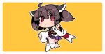  1girl ahoge blush border brown_hair chibi chibi_only closed_mouth double-parted_bangs full_body hair_between_eyes hands_up headgear ini_(inunabe00) japanese_clothes kimono long_sleeves looking_at_viewer no_shoes obi outline outside_border pleated_skirt purple_skirt red_eyes red_sash sash short_hair simple_background skirt socks solo standing touhoku_kiritan twintails voiceroid white_border white_kimono white_outline white_socks wide_sleeves yellow_background 