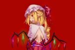  1girl back back_cutout blonde_hair clothing_cutout collared_shirt commentary crystal crystal_wings drill_hair english_commentary flandre_scarlet frilled_shirt_collar frills hat hat_ribbon highres looking_at_viewer mob_cap multicolored_wings neat_ad4816 one_side_up open_mouth pointy_ears red_background red_eyes red_skirt red_vest ribbon shirt simple_background skirt skirt_set solo touhou vest white_hat white_shirt wings 
