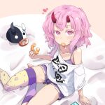  1girl arm_support asymmetrical_legwear blunt_ends blush broken_horn camisole clothes_writing collarbone colored_eyelashes commentary_request creature donut eating food food_in_mouth highres horns indie_virtual_youtuber kanehira_ame looking_at_viewer mismatched_legwear nail_polish oni oversized_clothes oversized_shirt pink_eyes pink_hair pink_nails pon_de_ring purple_camisole purple_hair purple_shorts purple_socks red_horns shirt short_shorts shorts single_bare_shoulder single_off_shoulder single_sock single_thighhigh sitting socks solo_focus thighhighs toenail_polish toenails totomono two-tone_background upturned_eyes virtual_youtuber white_shirt yokozuwari 