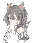  1girl ahoge animal_ear_headphones animal_ears bare_shoulders black_hair black_nails black_sweater cat_ear_headphones cat_ears eyeball_hair_ornament fake_animal_ears headphones long_sleeves looking_at_viewer lowres mahou_shoujo_no_majo_saiban multicolored_hair nail_polish off-shoulder_sweater off_shoulder orange_eyes orange_nails orange_streaks pi1ne2 sawatari_coco shirt short_hair simple_background smile solo streaked_hair striped_clothes striped_shirt sweater upper_body white_background 
