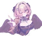  1girl ;) black_bow black_dress black_shrug black_wings bow breasts cropped_torso dress hair_bow highres large_breasts looking_at_viewer multiple_hair_bows one_eye_closed pink_hair pointy_ears purple_eyes remielle_dan remielle_dan_(moonlight_whispers) rennrenn214 shrug_(clothing) simple_background smile solo white_background wings zenless_zone_zero 