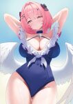  1girl absurdres black_bow blue_one-piece_swimsuit blue_sky bow breasts cleavage commentary_request hair_bow highres large_breasts looking_at_viewer luckyyeah medium_hair multiple_hair_bows official_alternate_costume one-piece_swimsuit parted_lips pink_hair purple_eyes remielle_dan remielle_dan_(dreamland_fest) sky solo swimsuit thighs white_wings wings zenless_zone_zero 