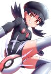  1girl absurdres belt black_dress black_hair black_hat breasts brown_eyes clenched_hand commentary_request commission dress earrings gloves grey_belt grey_gloves grey_thighhighs grin hat highres jewelry kris_(pokemon) large_variant_set long_hair looking_at_viewer maho_(corotonton5150) motion_blur panties pixiv_commission poke_ball poke_ball_(basic) pokemon pokemon_adventures shiny_skin simple_background small_breasts smile solo star_(symbol) star_earrings team_rocket team_rocket_uniform teeth thighhighs thighs twintails underwear variant_set white_background white_panties 