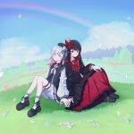  2girls armband beret black_capelet black_choker black_coat black_hair black_hat black_pantyhose black_shirt black_shoes black_skirt capelet center_frills choker closed_mouth coat collared_coat collared_shirt commentary crown falling_petals flower flower-trimmed_shorts flower-trimmed_sleeves frilled_socks frills full_body gloves gradient_hair hair_flower hair_ornament hat hat_flower hat_ribbon highres layered_skirt leaning_on_person long_hair long_skirt long_sleeves mahou_shoujo_no_majo_saiban mini_crown misagi0310 multicolored_hair multiple_girls neck_ribbon necktie nikaido_hiro o-ring o-ring_thigh_strap overskirt pants pantyhose petals pink_eyes pink_hair pleated_skirt rainbow red_armband red_eyes red_flower red_necktie red_skirt ribbon sakuraba_ema shirt shoes short_hair shorts side_capelet sitting skirt sky sleeveless sleeveless_coat smile socks thigh_strap untranslatable_commentary white_flower white_gloves white_hair white_pants white_ribbon white_shirt white_shorts white_sleeves white_socks x_hair_ornament yuri 