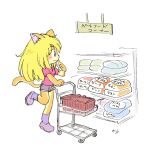  1girl animal_ears blonde_hair blue_eyes blush brown_shorts cat_ears cat_girl cat_tail chibi closed_mouth furry furry_female kabiinyo_(kab) long_hair original pink_shirt profile purple_shoes purple_socks shirt shoes shopping_cart short_sleeves shorts socks solo standing standing_on_one_leg tail translation_request very_long_hair white_background 