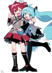  2girls :d absurdres ahoge aqua_eyes aqua_hair aqua_nails aqua_necktie aqua_trim arm_on_another's_shoulder black_boots black_skirt boots buttons commentary_request detached_sleeves double-parted_bangs grey_jacket grey_shirt hair_between_eyes hair_ornament hatsune_miku headset highres jacket kasane_teto kasane_teto_(sv) knee_boots kusunokimizuha lace-up_boots long_hair multicolored_eyes multiple_girls necktie one_eye_closed open_hands open_mouth outstretched_arms pleated_skirt pointing red_eyes red_hair red_nails red_skirt red_trim ribbon shirt short_hair shoulder_belt signature simple_background skirt sleeveless sleeveless_shirt smile synthesizer_v thigh_boots two-tone_eyes utau vocaloid white_background white_ribbon wide_sleeves zettai_ryouiki 