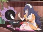  1girl :d @_@ ahoge alternate_costume apron black_hair breasts cleavage commentary_request dress gastly grey_eyes hair_between_eyes hand_up hex_maniac_(pokemon) hex_maniac_(pokemon_xy) highres index_finger_raised long_hair nail_polish ocha_keroberosu open_mouth orange_dress plant plate pokemon pokemon_(creature) pokemon_x_and_y potted_plant smile spilled_drink sweat tray waist_apron waitress white_apron wristband 