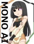  1girl black_gloves black_hair black_sclera breasts character_name colored_sclera commentary_request cowboy_shot doll_joints fingerless_gloves gloves glowing glowing_eyes gundam joints leotard long_hair looking_at_viewer mono_ai open_mouth original paid_reward_available pink_eyes small_breasts solo standing tomu_(tomubobu) yellow_leotard zaku_ii 