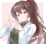  1girl border brown_hair carmen_(project_moon) character_name closed_mouth coat collared_shirt commentary_request dream81059082 eyelashes green_shirt heart heart_hands high_ponytail highres lobotomy_corporation looking_at_viewer outside_border ponytail project_moon red_eyes shirt smile solo upper_body white_border white_coat 