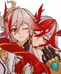  2girls absurdres arm_around_neck chinese_commentary closed_mouth commentary_request dual_persona fu_hua fu_hua_(fenghuang_of_vicissitude) fu_hua_(phoenix) gauntlets gradient_hair highres honkai_(series) honkai_impact_3rd multicolored_hair multiple_girls nanguatudou_dunpaigu one_eye_closed red_eyes red_hair streaked_hair two-tone_hair white_background white_hair yellow_pupils 