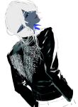  1boy :p atsuchi black_eyes black_jacket blue_pupils embroidery from_behind grey_skirt hair_over_shoulder hairband head_back jacket leather leather_jacket long_hair long_sleeves looking_at_viewer looking_back loose_hair_strand male_focus multicolored_eyes original pants pointy_ears side_ponytail simple_background sketch skirt smile smirk solo tongue tongue_out two-tone_eyes white_background white_hair white_pants 