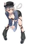  1girl :d absurdres animal_ear_fluff animal_ears barbell_piercing bent_over black_dress black_hat black_leg_warmers black_pantyhose black_shoes blue_jacket bob_cut breasts cat_ears cat_girl cat_tail commentary dress ear_piercing earrings fang full_body grey_hair grey_tail hair_behind_ear hat highres industrial_piercing jacket jewelry large_breasts leg_warmers legs_apart long_sleeves looking_at_viewer multicolored_hair multiple_rings necklace neneko_mashiro open_clothes open_jacket open_mouth pantyhose piercing red_eyes red_streaks ring shoes short_dress short_hair simple_background skin_fang smile solo standing stellive straight_hair streaked_hair tail torn_clothes torn_pantyhose upa_ruppa virtual_youtuber white_background 