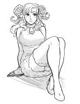  1girl bare_shoulders bell ben-day_dots blush boots breasts chidouin_sara closed_mouth commentary english_commentary greyscale highres horns kimi_ga_shine looking_to_the_side monochrome neck_bell screentones sheep_girl sheep_horns simple_background sitting solo sweatdrop thigh_boots wavy_mouth z-raid 