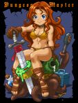  1girl artist_request belt belt_collar bikini blue_eyes box breasts brown_belt brown_gloves brown_hair closed_mouth collar copyright_name dungeon_master full_body gladiator_sandals gloves hand_on_hilt holding holding_staff key long_hair looking_at_viewer oekaki potion sandals second-party_source sitting smile sonja_(dungeon_master) staff swimsuit sword tentacles weapon yellow_bikini 