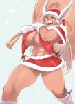  1girl abs absurdres animal_ears bell boku_no_hero_academia breasts christmas cleavage dress hat highres holding holding_sack jingle_bell mirko mittens mossausage open_mouth orange_eyes rabbit_ears rabbit_girl sack santa_costume santa_dress santa_hat skirt smile snowing tan thick_thighs thighs underboob 