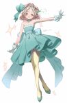  1girl :d absurdres armpits artist_name back_bow bare_arms bare_shoulders blush bow bow_hairband breasts brown_hair cleavage collarbone colored_inner_hair commentary crossed_legs dress earrings fig_smoke_(zutomayo) full_body gloves green_bow green_dress green_hairband green_liquid green_shoes hair_bow hair_intakes hairband head_tilt highres jewelry koishi_(kiwi0314) large_bow looking_at_viewer medium_hair multicolored_hair nira-chan open_mouth orange_eyes outstretched_arm parted_bangs pink_hair shoes simple_background small_breasts smile solo sparkle standing star_(symbol) star_earrings strapless strapless_dress thighhighs translation_request twitter_username watson_cross white_background white_gloves wispy_bangs yellow_thighhighs zutto_mayonaka_de_ii_no_ni 