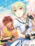  1boy 1girl :d :o artist_name ascot bento black_ascot black_gloves blue_sky brown_hair cherry_blossoms cowboy_shot crocodile_hair_ornament dark-skinned_male dark_skin day falling_petals fang fingerless_gloves food gloves goggles goggles_around_neck green_hair grey_eyes hair_between_eyes hanami hand_up jacket looking_at_viewer low_ponytail medium_hair mitani_ryouichi nomura_miki onigiri open_clothes open_jacket open_mouth outdoors petals ponytail puffy_short_sleeves puffy_sleeves red_eyes sailor_collar sailor_shirt school_uniform serafuku shirt short_hair short_sleeves skirt sky smile summer_pockets summer_pockets_school_uniform third-party_source white_serafuku white_shirt white_skirt yellow_jacket yuhazu_(rhe-rhe) 