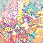  1boy :3 :d ;3 ;d album_cover album_name animal_feet aqua_eyes bird blue_fur blue_hair blush bow bowtie capelet colorful copyright_name cover fangs flower furry furry_male gloves hair_ornament hat highres holding holding_unworn_clothes holding_unworn_hat j-core kohu_(kohu-reco) looking_at_viewer male_focus miracle_tone's_fantasy musical_note official_art one_eye_closed orange_capelet orange_pants overalls pants pawpads purple_bow purple_bowtie second-party_source short_hair smile solo star_(symbol) star_hair_ornament treble_clef unworn_hat unworn_headwear uyutan white_gloves yume_kawaii 