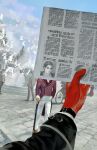  absurdres bird dress gehrman_sparrow glasses gloves highres holding holding_newspaper holding_paper klein_moretti leonard_mitchell lord_of_the_mysteries news newspaper owl_taro paper red_dress red_gloves too_many too_many_birds 