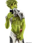  balls beast_boy bludwing cellphone clothed clothing cum cum_on_body cum_on_penis digital_media_(artwork) erection humanoid male not_furry partially_clothed penis phone shirt solo teen_titans teeth undressing 