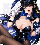  1girl alternate_costume animal_ears asymmetrical_horns black_bow black_bowtie black_flower black_hair black_leotard blue_hair blush bow bowtie breasts cleavage colored_inner_hair commentary crossed_bangs detached_collar english_commentary fake_animal_ears floating_hair flower gloves hair_flower hair_ornament heart heart-shaped_eyes highleg highleg_leotard highres hololive hololive_english horn_flower horns jailbird_(nerissa_ravencroft) large_breasts leotard long_hair looking_at_viewer mole mole_under_eye multicolored_hair nerissa_ravencroft open_mouth pantyhose playboy_bunny purple_eyes rabbit_ears red_eyes robot_cat_(robotcatart) sidelocks signature slit_pupils smile solo strapless strapless_leotard tassel tassel_hair_ornament teeth two-tone_hair uneven_horns upper_teeth_only very_long_hair virtual_youtuber white_gloves white_wrist_cuffs wrist_cuffs 