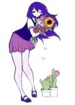  1girl bright_pupils cactus chiozi collared_shirt colored_skin commentary double-parted_bangs flower flower_pot hair_between_eyes highres holding holding_flower leaning_forward long_hair looking_at_viewer mari_(headspace)_(omori) mari_(omori) mary_janes omori one_eye_closed open_mouth plant potted_plant purple_eyes purple_hair purple_sweater_vest rose shirt shoes short_sleeves simple_background skirt smile solo sunflower sweater_vest white_background white_shirt white_skin 