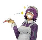  1girl @_@ apron blush breasts dress drooling futaba_channel gurnerk highres holding holding_syringe maid maid_headdress medium_breasts mouth_drool nijiura_maids open_mouth purple_dress purple_hair seeing_stars short_hair solo star_(symbol) syringe upper_body white_apron white_background yakui_(nijiura_maids) 