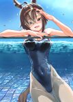  1girl absurdres ahoge animal_ears ass_visible_through_thighs bare_shoulders blue_one-piece_swimsuit blue_sky blush breasts brown_hair cleavage covered_navel fang hair_over_one_eye highres horse_ears horse_girl horse_tail large_breasts looking_at_viewer multicolored_hair one-piece_swimsuit open_mouth pool rulership_(umamusume) short_hair skin_fang sky smile streaked_hair swimsuit tail tatsumi_yashiro umamusume water 