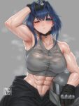  1girl abs armpits blue_eyes blue_hair breasts choker commentary english_commentary gloves grey_background hair_between_eyes helmet highres hololive hololive_english jasper_xandros looking_at_viewer medium_breasts motorcycle_helmet muscular muscular_female navel one_eye_closed ouro_kronii simple_background solo sweat virtual_youtuber watermark zipper_pull_tab 