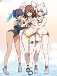  3girls animal_ear_fluff animal_ears bare_shoulders bikini black_one-piece_swimsuit blue_eyes blue_fire blue_sandals blush body_markings breasts brown_eyes brown_hair cleavage closed_mouth commentary_request dark-skinned_female dark_skin detached_sleeves double_v eunie_(xenoblade) eyelashes feathered_wings fiery_hair fire grin head_wings heart heart_hands heart_hands_duo highres medium_hair mio_(xenoblade) mixed-language_commentary multiple_girls navel one-piece_swimsuit open_mouth purple_hair riro_(breakthrough_rr) sandals sena_(xenoblade) short_hair side-tie_bikini_bottom side_ponytail smile standing stomach swimsuit teeth thigh_strap toes twitter_username twitter_x_logo upper_teeth_only v white_bikini white_hair white_sandals white_wings wings xenoblade_chronicles_(series) xenoblade_chronicles_3 yellow_bikini yellow_eyes 