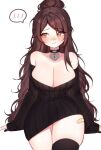  1girl bandaid bandaid_on_face bandaid_on_leg bandaid_on_nose bandaid_on_thigh bare_shoulders black_choker black_nails black_thighhighs blush breasts brown_eyes brown_hair brown_sweater choker cleavage closed_mouth collarbone commentary english_commentary fingernails hair_bun heart heart-shaped_lock heart_collar heart_in_eye huge_breasts indie_virtual_youtuber long_hair long_sleeves nail_polish simple_background sky_above_me sky_above_me_(vtuber) sleeves_past_wrists solo spoken_blush sweater symbol_in_eye thighhighs thighs white_background 