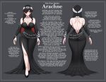  1girl arachne_(cslucaris) arthropod_girl bare_back black_dress black_hair black_nails black_sclera black_shoes breasts character_profile cleavage cleavage_cutout clothing_cutout collar colored_sclera commentary cslucaris dress english_commentary english_text head_wreath high_heels highres jewelry large_breasts long_hair mature_female monster_girl multicolored_hair multiple_rings original red_eyes red_streaks ring shoes spider_girl streaked_hair 