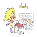  1girl animal_ears blonde_hair blue_eyes blush brown_shorts cat_ears cat_girl cat_tail chibi closed_mouth commentary_request kabiinyo_(kab) long_hair original pink_shirt profile purple_shoes purple_socks shirt shoes shopping_cart short_sleeves shorts socks solo standing standing_on_one_leg tail translation_request very_long_hair white_background 