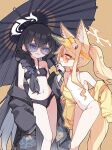  2girls animal_ears bikini black_hair blonde_hair blue_archive braid brown_background butterfly_hair_ornament collarbone commentary cowboy_shot english_commentary fox_ears fox_girl fox_tail hair_ornament halo highres jacket jacket_partially_removed kisaki_(blue_archive) kisaki_(swimsuit)_(blue_archive) leaning_forward long_hair looking_at_viewer multiple_girls navel one-piece_swimsuit open_mouth parasol pink_eyes seia_(blue_archive) seia_(swimsuit)_(blue_archive) smile sunglasses swimsuit tail umbrella visor_cap xtacy 