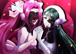 2girls alien_stage amaamayaya bandana bow commentary_request confetti curtained_hair gloves hair_bow headset heart highres holding_hands interlocked_fingers long_hair microphone mizi_(alien_stage) mizi_(zombie_stage) multiple_girls multiple_hair_bows sua_(alien_stage) sua_(zombie_stage) twintails white_bandana zombie_stage 
