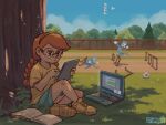  1girl 2boys aqua_skirt artist_name ball bird blue_sky book braid cloud commentary computer english_commentary full_body glasses grass hairband hurdle jumping khiuly knee_up laptop miho_(rhythm_tengoku) multiple_boys open_book orange_hair outdoors rhythm_tengoku rhythm_tengoku_miracle_stars round_eyewear shade shirt shoe_soles shoes sitting skirt sky sneakers soccer_ball solo_focus space_dancers tablet_pc tree twin_braids yellow_hairband yellow_shirt yellow_shoes 
