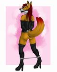  2017 anthro ariaziva ball_gag bdsm biped black_footwear black_fur black_legwear black_markings black_nose black_topwear blue_eyes bondage border bound canine clothed clothing digital_media_(artwork) ear_markings eyebrows facial_markings fangs female fluffy fluffy_tail footwear fox fur gag gagged hair hands_behind_back hi_res high_heels inner_ear_fluff legwear long_hair mammal markings multicolored_fur multicolored_tail orange_fur orange_tail outside_border pink_background rear_view red_fur red_hair red_tail rubber rubber_pony_tanja shoes signature simple_background snout solo spreader_bar standing stockings thigh_highs two_tone_tail white_border white_fur 