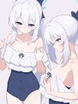  1girl absurdres bare_shoulders blue_archive blue_bow blue_halo blue_one-piece_swimsuit blush bow breasts collarbone commentary_request covered_navel grey_background hair_between_eyes hair_bow halo highres long_hair medium_breasts miyako_(blue_archive) miyako_(swimsuit)_(blue_archive) multiple_views one-piece_swimsuit purple_eyes sidelocks simple_background swimsuit take_mawile white_hair 