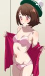  1girl asymmetrical_bangs bar_censor bare_shoulders blush bra breasts brown_hair cameltoe censored clothes_down collarbone commentary_request dot_nose gloria_(pokemon) green_hat hat highres hypnosis mak066 mind_control panties parted_lips pink_bra pink_panties pink_shirt pokemon pokemon_sword_and_shield red_eyes shirt short_hair small_breasts solo underwear undressing 
