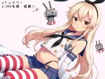  1girl absurdres anchor_hair_ornament black_hairband black_neckerchief black_panties blonde_hair blue_sailor_collar blue_skirt brown_eyes elbow_gloves flat_chest gloves hair_between_eyes hair_ornament hairband highleg highleg_panties highres kantai_collection microskirt midriff navel neckerchief panties pleated_skirt rensouhou-chan sailor_collar shimakaze_(kancolle) sitting skirt striped_clothes striped_thighhighs takuma_(takumo7121) thighhighs thong thong_panties underwear white_gloves zettai_ryouiki 