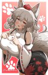 1girl @_@ absurdres animal_ear_fluff animal_ears black_skirt blush breasts commentary_request detached_sleeves fang four-finger_heart_hands gradient_background grey_hair hat heart heart_hands highres inubashiri_momiji large_breasts leaf_print looking_at_viewer maple_leaf_print medium_hair open_mouth paw_print paw_print_background print_skirt red_background red_eyes red_hat red_skirt ribbon-trimmed_sleeves ribbon_trim shirt skirt sleeveless sleeveless_shirt solo tail tokin_hat touhou twitter_username two-tone_skirt white_shirt wide_sleeves wolf_ears wolf_girl wolf_tail yamabikoyahoo 