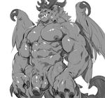  anthro balls black_sclera claws dragon fangs flaccid horn jacketbear looking_at_viewer male monochrome nude penis simple_background solo vein veiny_penis white_background wings 
