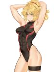  1girl absurdres armpits arms_behind_head blonde_hair breasts commentary covered_abs cowboy_shot deccatezu english_commentary fate/apocrypha fate_(series) green_eyes highres looking_at_viewer mordred_(fate) one-piece_swimsuit ponytail simple_background small_breasts smirk solo swimsuit thigh_strap twitter_username watermark white_background 